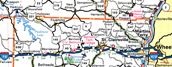 Map of southern Harrison County and northern Belmont County, Ohio