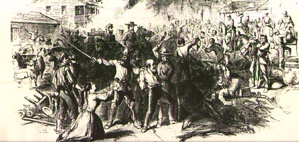Union propaganda image depicting Morgan's Raiders sacking a northern town